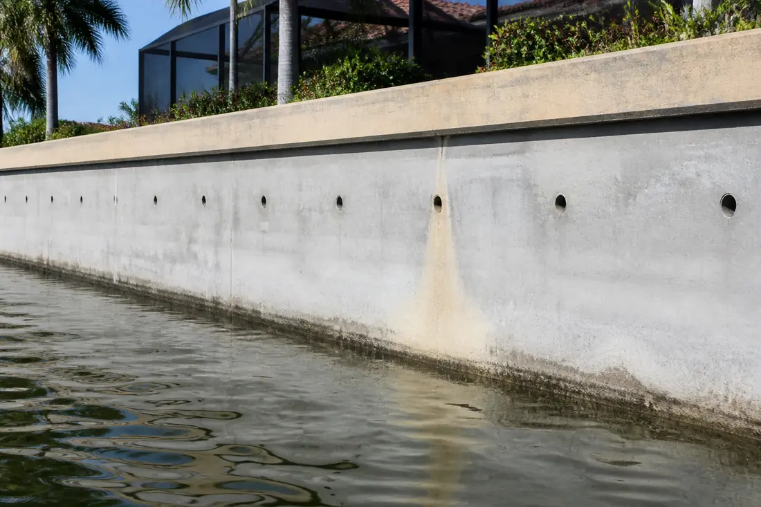 A row of weep holes along the face of a concrete seawall above the waterline