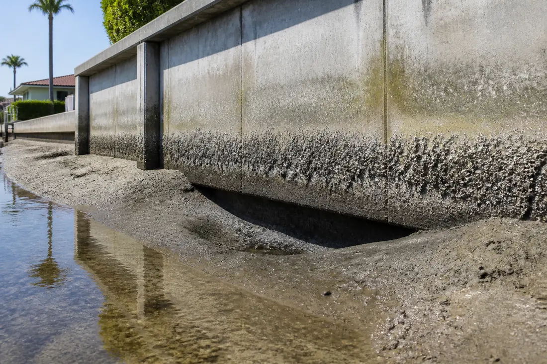 The base of a vertical seawall where the bed has scoured away
