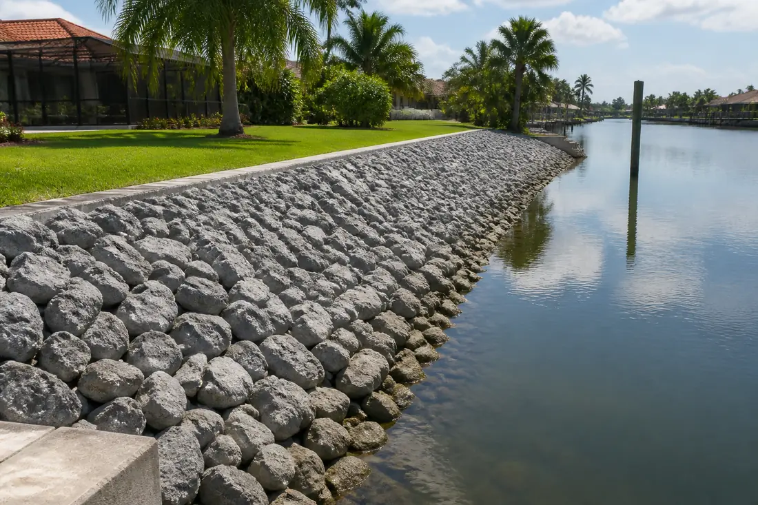 A sloped rock revetment running along a Florida canal bank down to the water