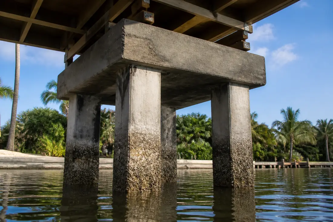 Three concrete pilings joined by a concrete cap beneath a dock deck